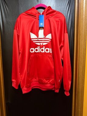 adidas Originals Satin Red Trefoil Pullover Hoodie with large White Trefoil Logo